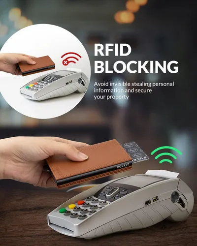 Vista 5 de VULKIT Tarjetero con ventana de identificación tarjetas emergentes cartera delgada de cuero con protección RFID hasta 12 tarjetas Marrón Minimalista