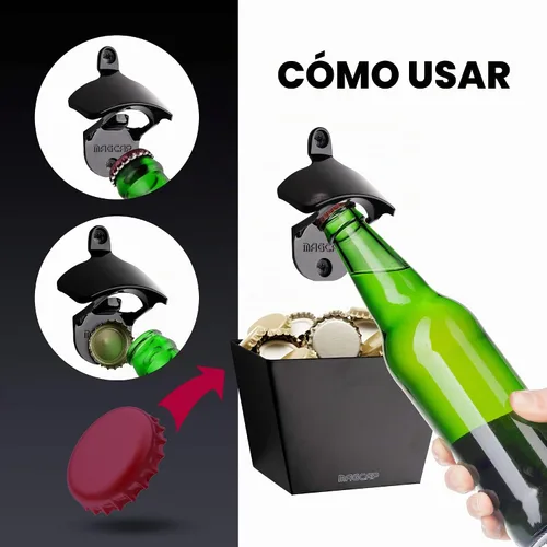 Vista 4 de Barra magnética montada en la pared, estilo abridor de botellas y tapa de botella para cerveza y refrescos, elegante, fácil de instalar y sin Negro