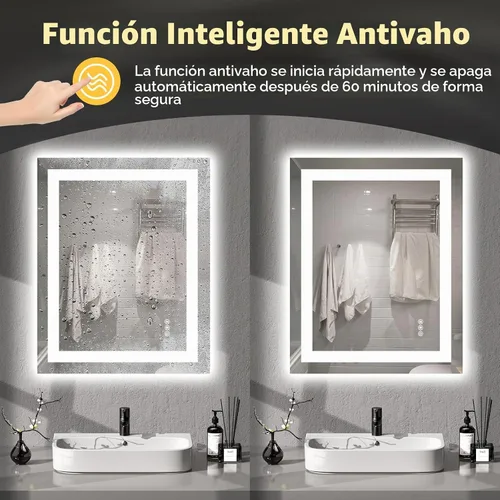 Vista 4 de Hivone - Espejo de baño LED de 24x30 pulgadas con luces, función antivaho, regulable, retroiluminado + iluminación frontal, espejo de tocador