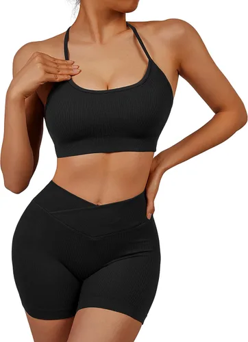 Vista 2 de OMKAGI Conjuntos de entrenamiento para mujer, sin costuras, brasier deportivo, levantamiento de glúteos, pantalones cortos de entrenamiento