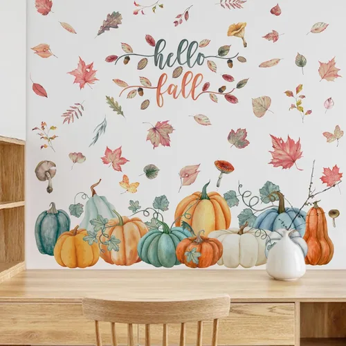 Vista 7 de Calcomanías de pared de árbol de otoño de 33.46 x 29.92 pulgadas, calcomanías de pared de árbol de acuarela con hojas de arce, decoración de pared