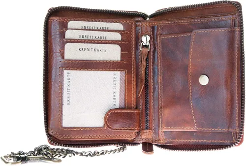 Vista 3 de FLW Cartera de piel auténtica esmaltada con cremallera alrededor (cremallera alrededor) con cadena, Marrón, Cartera con cremallera
