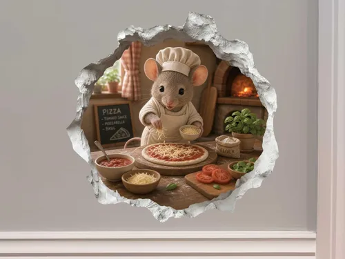 Vista 4 de Calcomanía de ratón de pizza en agujero de ratón, adhesivo de pared 3D con agujero de ratón