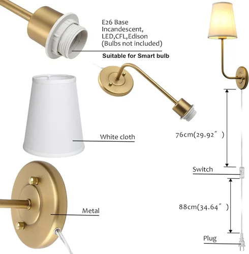 Vista 7 de Pathson Plug in Wall Sconce, Rustic Wall Light Fixture with On/Off Switch and Pure White Fabric Lampshade, Antique Brass Wall Lamp for Living Room