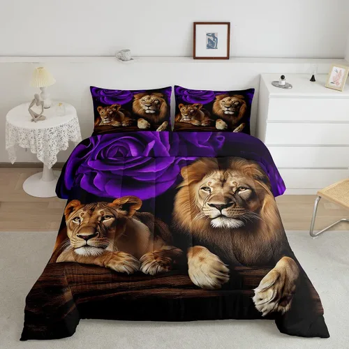 Vista 42 de Erosebridal Juego de ropa de cama de guepardo con rosa azul, juego de edredón con estampado de leopardo y gato, edredón romántico de plumón
