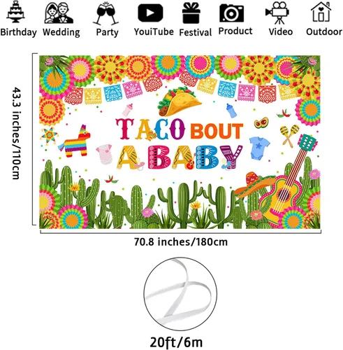 Vista 4 de Avezano Taco Bout a Baby - Fondo de fiesta mexicana para baby shower, pancarta temática de cactus neutro, 70.8 x 43.3 pulgadas