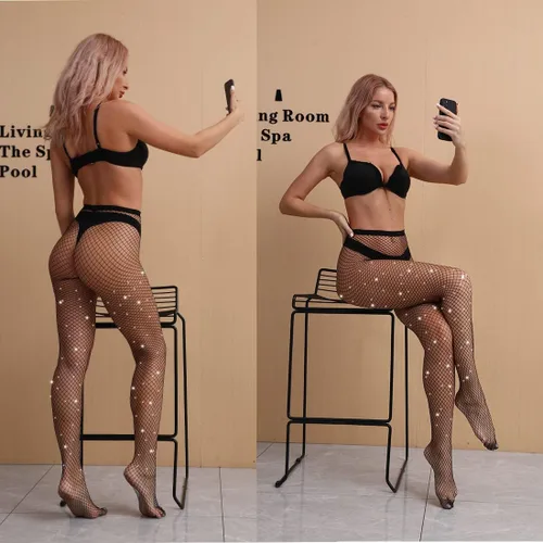 Vista 4 de VEBZIN Paquete de 2 mallas de malla brillantes grandes y medianas para mujer, medias de red sexy con diamantes de imitación con purpurina