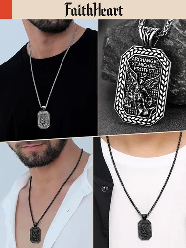Vista 4 de FaithHeart Saint Michael Necklace, Stainless Steel18K Gold Plated St Michael the Archangel Pendant Amulet for Men Women with Gift Packaging