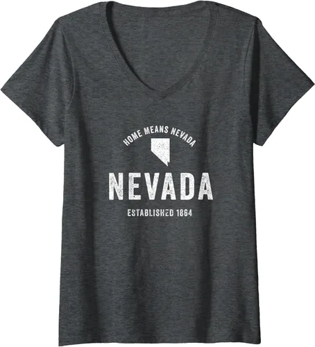 Vista 6 de Camiseta retro de Nevada State Home State para mujer con cuello en V, Negro, S