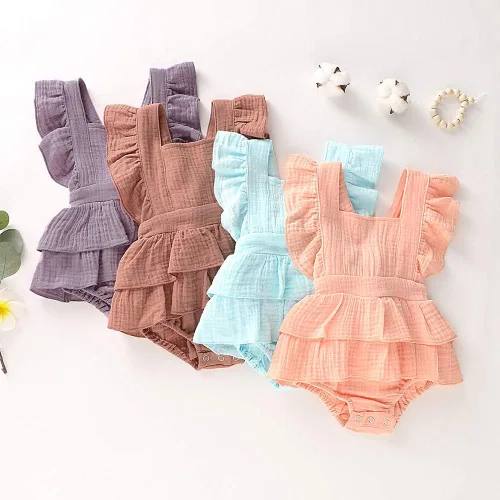 Vista 6 de Douhoow Mameluco de bebé niña mameluco con volantes de una sola pieza ropa de lino de algodón
