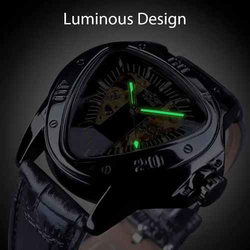 Vista 6 de Winner Fashion - Reloj de pulsera mecánico triangular de carreras, esfera de esqueleto dorado impermeable, movimiento automático, reloj mecánico