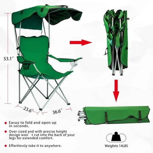 Vista 3 de Sillas de camping con toldo, silla de césped portátil cuádruple para adultos, silla reclinable plegable con sombra y portavasos para eventos al aire