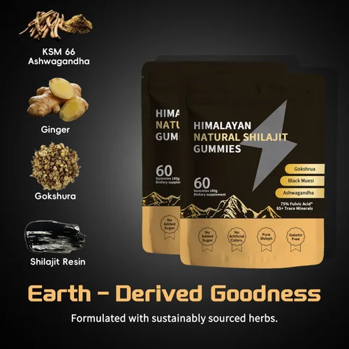 Vista 2 de Shilajit - Gomitas de oro para hombres y mujeres con Ashwagandha y Gokshura, más de 85 minerales y ácido fúlvico, energía natural y apoyo
