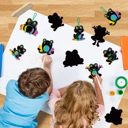Vista 3 de HubirdSall 60 piezas de ranas funky Scratch Art para niños, primavera y verano, rana de color mágico, manualidades de Pascua, kit de adornos
