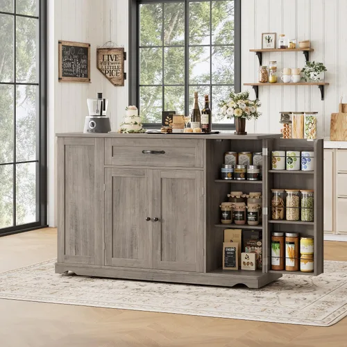 Vista 4 de HOSTACK - Carrito de isla de cocina con almacenamiento, mesa de isla rodante, gris ceniza