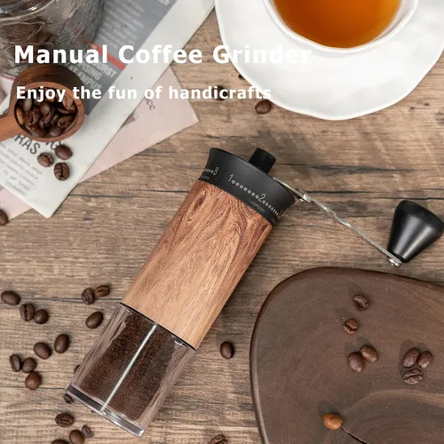 Vista 2 de Molinillo de café manual con 56 ajustes precisos de molienda externamente ajustable, mango largo plegable, cuerpo de grano de madera y rebabas