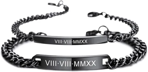 Vista 11 de MeMeDIY Juego de pulseras personalizadas para parejas, grabado personalizado con nombre/fecha para hombres, mujeres, novio, novia, acero inoxidable
