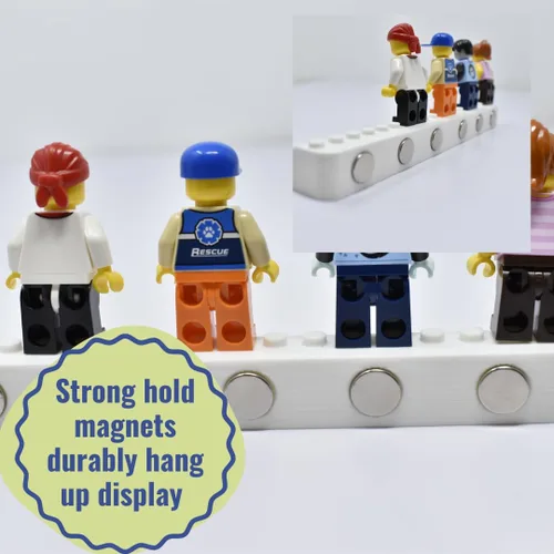 Vista 4 de Imán coleccionable para nevera compatible con minifiguras Lego Muestra figuras en refrigerador o superficies metálicas Fabricado en Estados