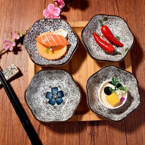 Vista 5 de Juego de 4 cuencos japoneses de cerámica en forma de flor, platos pequeños de 4 pulgadas para salsa de soja, condimentos, sushi, aperitivos