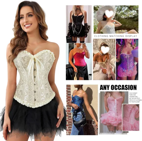 Vista 7 de frawirshau - Corsé para mujer, con cordones, con varillas, escultor de cuerpo, lencería Beige