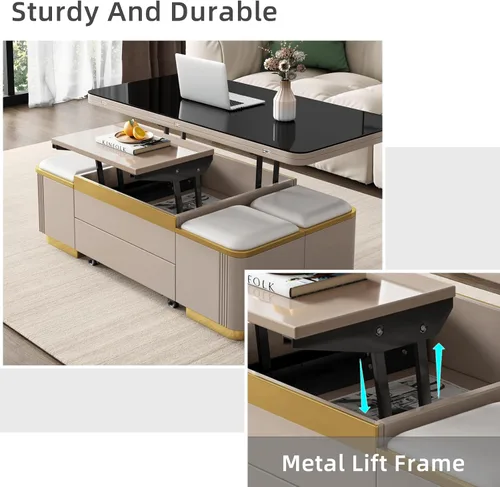 Vista 5 de Guyii Mesa de centro elevable con taburetes de almacenamiento, mesa central 3 en 1, altura ajustable, mesa plegable para sala de estar, ahorro