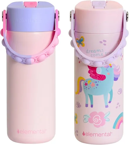 Vista 33 de Elemental Botella de agua aislada para niños, botella de agua de acero inoxidable con tapa de popote y asa Pop-it, botellas de agua a prueba