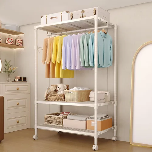 Vista 7 de Perchero resistente con ruedas, estantes de ropa con estantes ajustables y ganchos laterales para colgar ropa, armario de almacenamiento