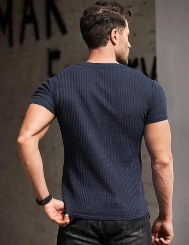 Vista 3 de COOFANDY Camisetas musculares elásticas de manga corta con cuello en V para hombre