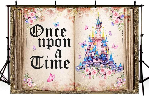 Vista 4 de AIBIIN Fondo de 7 x 5 pies Once Upon a Time para libros de cuentos de hadas, castillo, rosa, floral, princesa, historia romántica, libro de apertura