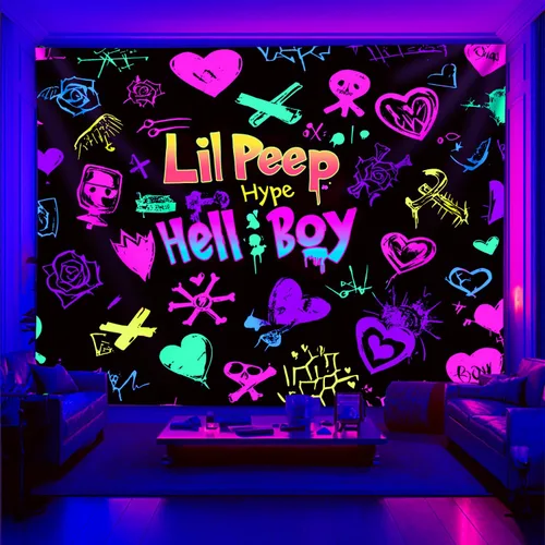 Vista 8 de PSYHILAR Blacklight Lil Peep Tapestry, Pósteres de Luz Negra para Dormitorio, Bandera UV Star Shopping Rapper (40 x 30 Pulgadas)