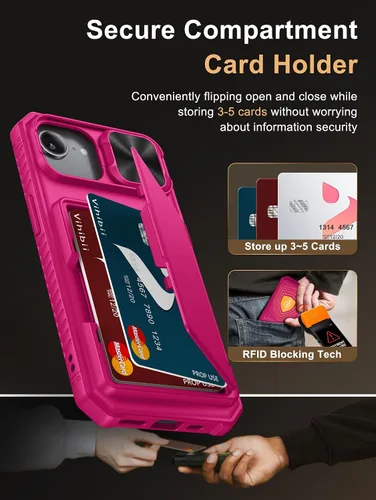 Vista 6 de Vihibii Funda tipo cartera para iPhone 16e / SE4 con tarjetero (4 tarjetas) [bloqueo RFID] y cubierta de cámara deslizante y bordes elevados