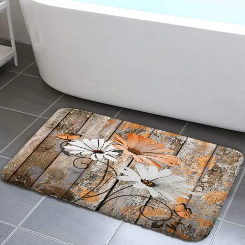 Vista 6 de JAWO Alfombra de baño con flores de granja, dalia en tablones de madera rústica, juego de tapetes de baño con flores azules, en forma de U