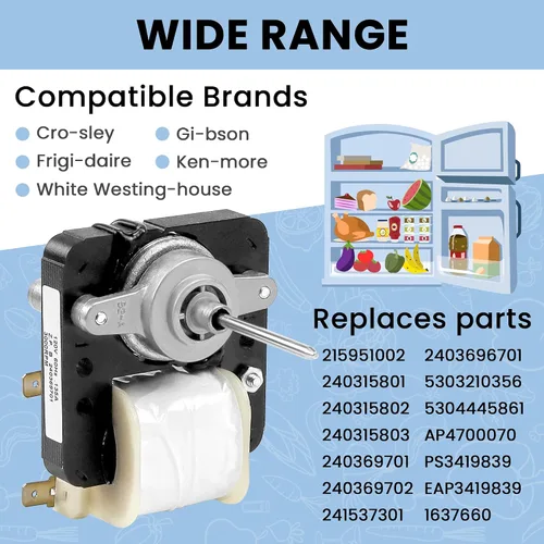 Vista 4 de AMI PARTS 240369701 Motor de Ventilador del Evaporador del Refrigerador - Reemplaza 240315802 240369701 240369702 241537301 240315801 240315803