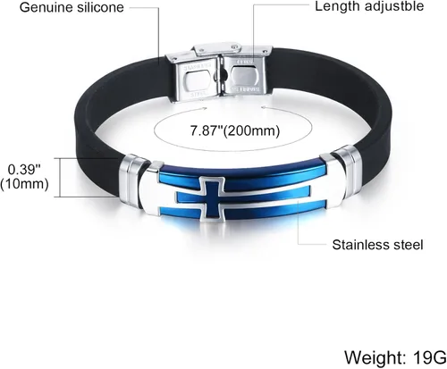 Vista 3 de M.JVisun Pulsera cruzada de silicona deportiva para hombre, regalo de confirmación para niños, pulsera de 7.87 pulgadas, Acero inoxidable Silicona