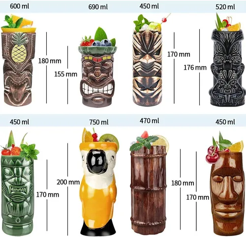 Vista 2 de LINALL Tiki Mugs - Juego de 8 tazas de cóctel de cerámica TIKI tazas hawaianas para fiesta hawaiana, vasos de cóctel exóticos hawaianos TKSET0080