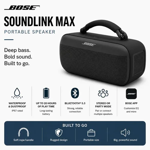 Vista 2 de Bose SoundLink Max Altavoz portátil, altavoz Bluetooth impermeable grande, hasta 20 horas de duración de la batería, USB-C, entrada AUX integrada