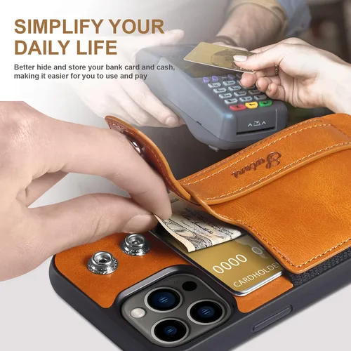 Vista 2 de Funda para iPhone 15 Pro Max 2023, de piel sintética, con ranura elástica para tarjetas, cierre magnético, correa de mano, funda protectora