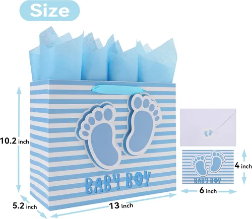 Vista 2 de Juego de bolsa de regalo grande de 13 pulgadas con asas, tarjeta de felicitación, papel de seda azul y calcomanías para niños para baby shower