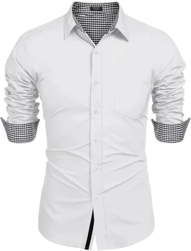 Vista 4 de COOFANDY Camisa de vestir de negocios para hombre, manga larga, ajuste regular, camisa de moda, de algodón, casual, con botones