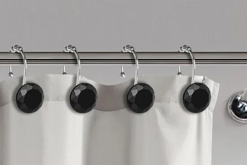 Vista 5 de Ganchos de cortina de ducha de cristal negro con diamantes para baño, 12 unidades, anillos de acero inoxidable plateados a prueba de óxido, colgador