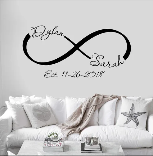 Vista 2 de Calcomanía de pared personalizada con símbolo del infinito del año establecido, nombre de familia, letrero personalizado, plantilla de monograma