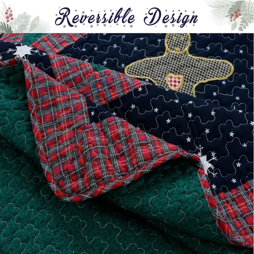 Vista 3 de Cozy Line Home Fashions Juego de ropa de cama reversible con diseño de retazos de Navidad, color azul marino, silencioso, cielo estrellado, cabaña