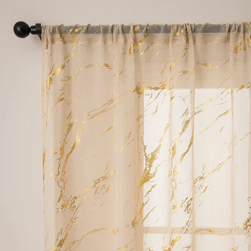 Vista 3 de Cortinas Transparentes Beige con Estampado de Lámina de Mármol Dorado de 63 Pulgadas de Largo para Cuarto de Bebé, Paneles de Ventana con Bolsillo