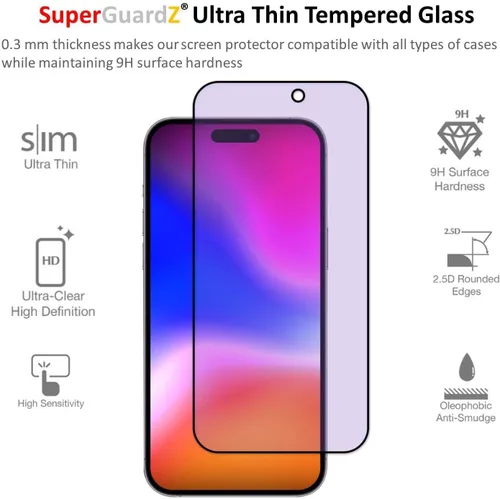 Vista 3 de Protector de pantalla de cubierta completa para iPhone 15 Pro Max, vidrio templado antiluz azul, protección ocular, SuperGuardZ, 9H, 0.012 in
