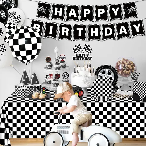 Vista 6 de Juego de vajilla de 187 piezas para decoración de fiesta de cumpleaños de coche de carreras, incluye platos de fiesta de autos de carreras