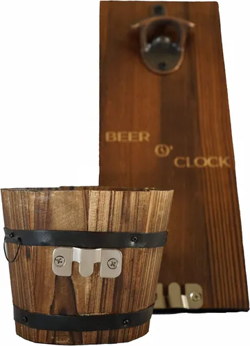 Vista 3 de Abrebotellas y recolector rústico "Beer O' Clock" montado en pared - Pino con tinte oscuro con abridor de aleación de zinc - Cubo de madera