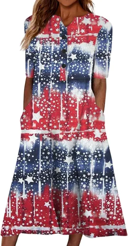 Vista 2 de perfectbot Dress for Women Independence Day Dress Summer American Flag Short Sleeve Pocket Crew Neck Flowy Midi Dresses