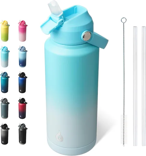 Vista 20 de BJPKPK - Botella de agua aislada con tapa de popote, 532 ml Botellas termo con boquilla suave, asa flexible y base antideslizante, libre de BPA, a
