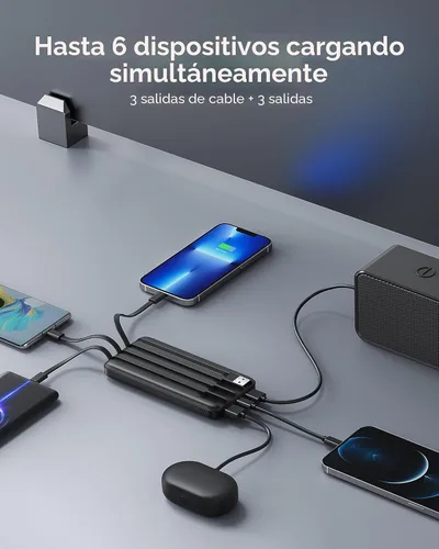 Vista 6 de charmast Cargador portátil con cables incorporados, banco de energía con cables, batería delgada de viaje de 10000 mAh, 6 salidas 3 entradas 3 A