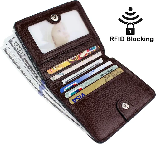 Vista 2 de Cartera pequeña de piel auténtica con bloqueo RFID para mujer, minitarjeta, Café, Cartera Rfid